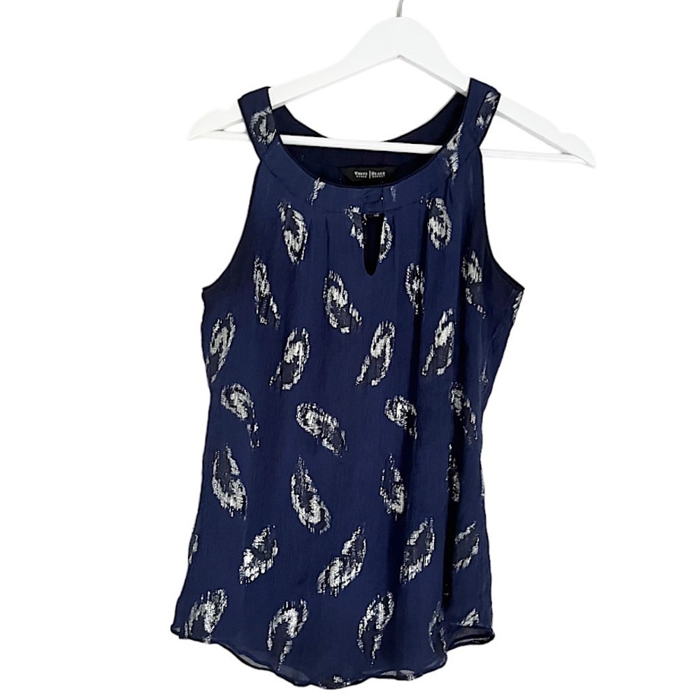 White House‎ Black Market Silk Sleeveless Feather Jacquard Top Blue Silver Small